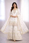 RICH LOOK GEORGETTE EMBROIDERY 5 MM SEQUENCES WORK TOP PALAZZO WITH DUPATTA WHITE