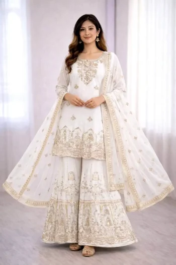 RICH LOOK GEORGETTE EMBROIDERY 5 MM SEQUENCES WORK TOP PALAZZO WITH DUPATTA WHITE