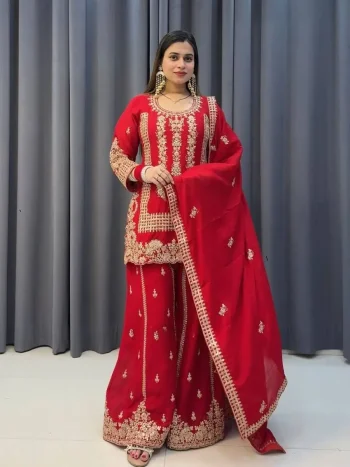 RICH LOOK GEORGETTE EMBROIDERY AND SEQUENCE WITH CUT WORK TOP PALAZZO WITH DUPATTA RED