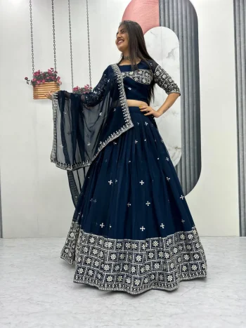 RICH LOOK GEORGETTE EMBROIDERY SEQUENCE WORK LEHENGA CHOLI WITH DUPATTA TEAL