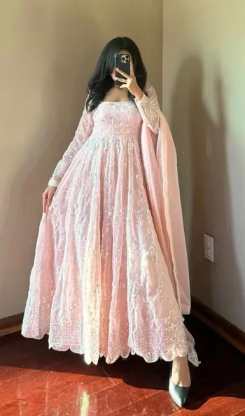 RICH LOOK GEORGETTE EMBROIDERY THREAD & RAINBOW SEQUENCE WORK GOWN BOTTOM WITH DUPATTA PEACH