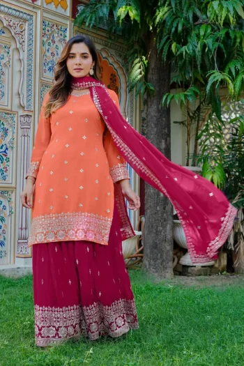 RICH LOOK GEORGETTE EMBROIDERY WITH 9 MM SEQUENCE & THREAD WORK TOP PALAZZO WITH DUPATTA RANI AND ORANGE