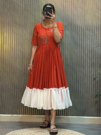 RICH LOOK GEORGETTE HAND WORK ONE PIECE DRESS ORANGE