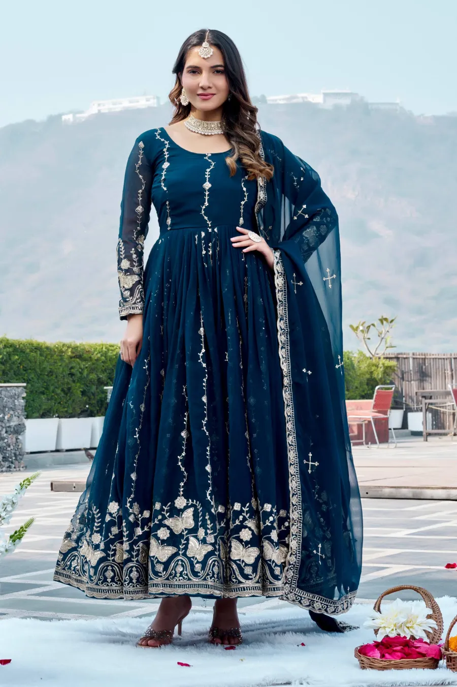 RICH LOOK GEORGETTE SEQUENCE EMBROIDERY WORK GOWN WITH DUPATTA WEDDING WEAR WHOLESALE PRICE ETHNIC GARMENT (12)