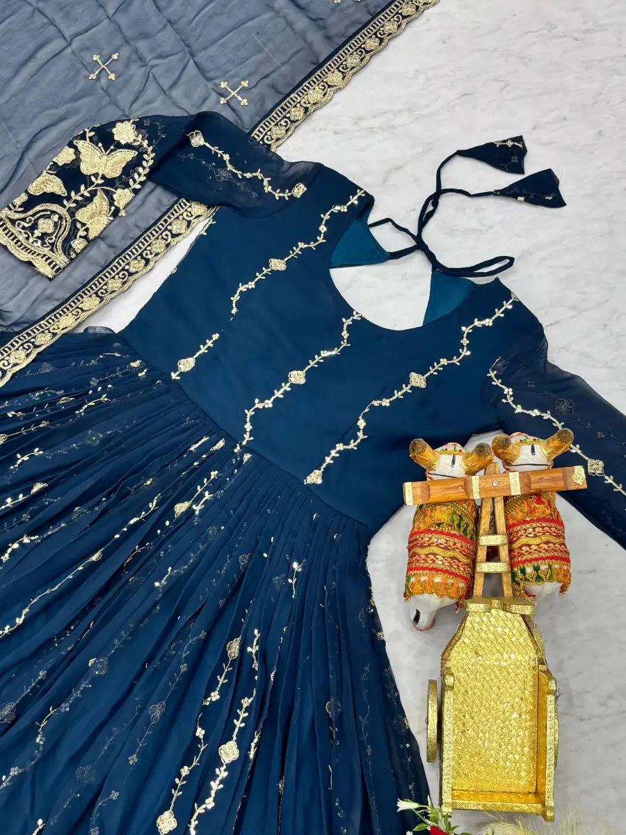 RICH LOOK GEORGETTE SEQUENCE EMBROIDERY WORK GOWN WITH DUPATTA WEDDING WEAR WHOLESALE PRICE ETHNIC GARMENT (15)