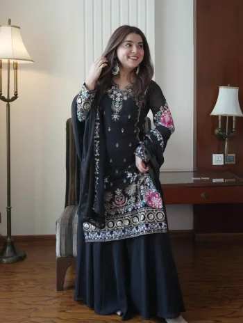 RICH LOOK GEORGETTE SEQUENCE EMBROIDERY WORK TOP PALAZZO WITH DUPATTA BLACK