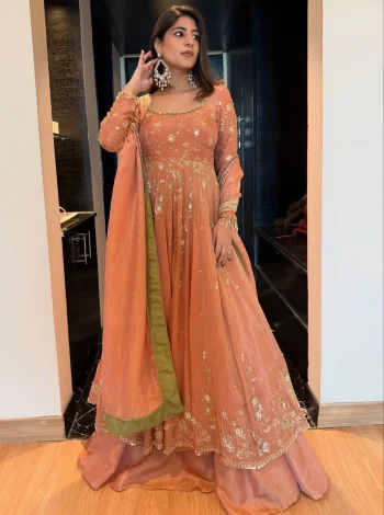 RICH LOOK GEORGETTE SEQUENCE & ZARI THREAD EMBROIDERED WORK TOP LEHENGA WITH DUPATTA PEACH