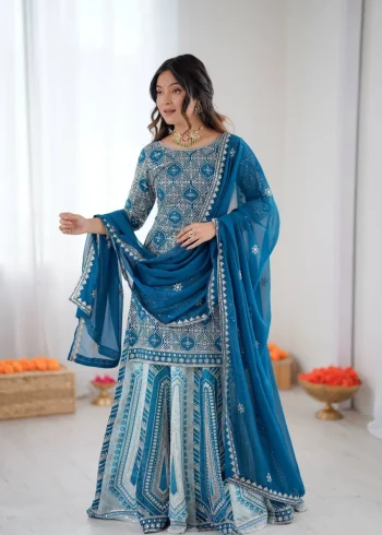 RICH LOOK GEORGETTE THREAD WITH SEQUENCE WORK TOP LEHENGA WITH DUPATTA SKY AND TEAL