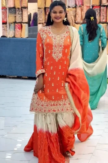 RICH LOOK GMY SILK EMBROIDERY SEQUENCE WORK TOP SHARARA WITH DUPATTA ORANGE