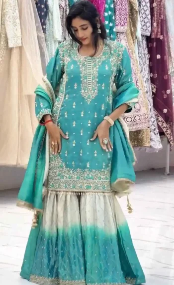 RICH LOOK GMY SILK EMBROIDERY SEQUENCE WORK TOP SHARARA WITH DUPATTA RAMA