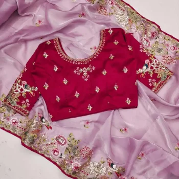 RICH LOOK GMY SILK MULTI THREAD EMBROIDERY CODING SEQUENCE WORK SAREE WITH UNSTITCHED BLOUSE BABY PINK