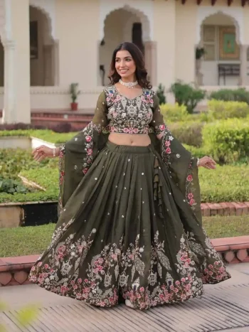 RICH LOOK GOLD CRUSH SEQUENCE ZARI AND CODING EMBROIDERY WORK LEHENGA CHOLI WITH DUPATTA MEHNDI