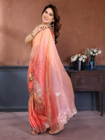 RICH LOOK GOLD CRUSH SILK PADDING WITH EMBROIDERY WORK SAREE WITH UNSTITCHED BLOUSE PEACH