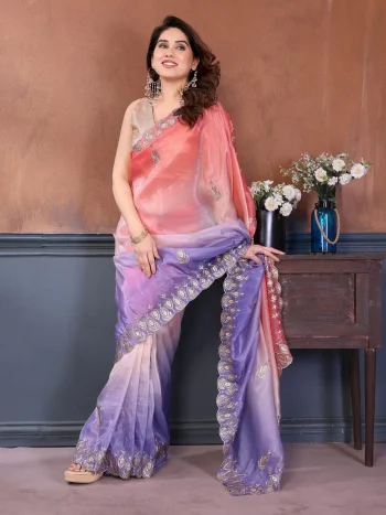 RICH LOOK GOLD CRUSH SILK PADDING WITH EMBROIDERY WORK SAREE WITH UNSTITCHED BLOUSE PEACH AND PURPLE