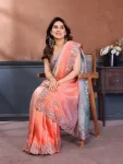 RICH LOOK GOLD CRUSH SILK PADDING WITH EMBROIDERY WORK SAREE WITH UNSTITCHED BLOUSE PEACH AND SKY
