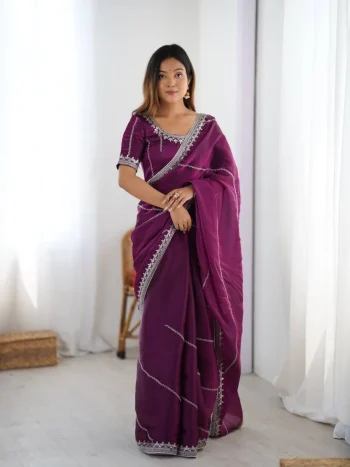 RICH LOOK JMC SILK THREAD & SEQUENCE EMBROIDERY WITH PIPING WORK SAREE WITH UNSTITCHED BLOUSE WINE