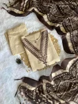 RICH LOOK KHADI COTTON EMBROIDERY WORK TOP BOTTOM WITH DUPATTA CREAM AND CHIKU