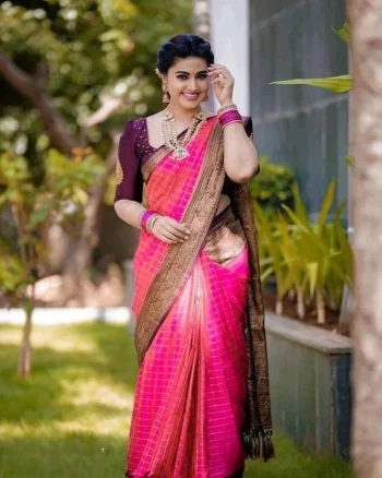 RICH LOOK LICHI SILK RICH PALLU & JACQUARD WORK SAREE WITH UNSTITCHED BLOUSE PINK