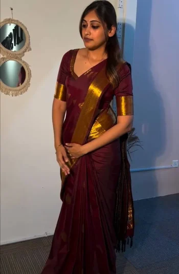 RICH LOOK LICHI SILK WEAVING WORK SAREE WITH UNSTITCHED BLOUSE MAROON