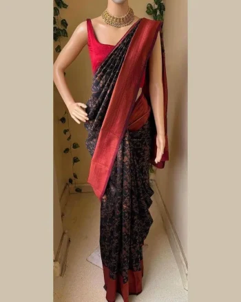 RICH LOOK LICHI SILK WEAVING WORK SAREE WITH UNSTITCHED BLOUSE BLACK AND MAROON
