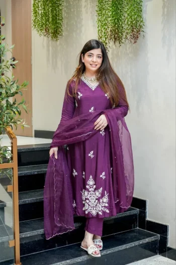 RICH LOOK MUSLIN SEQUENCE CODING EMBROIDERY WORK TOP BOTTOM WITH DUPATTA PURPLE