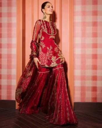 RICH LOOK ORGANZA SEQUENCE EMBROIDERY AND REAL MIRROR WORK TOP SHARARA WITH DUPATTA MAROON