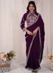RICH LOOK RANGOLI SILK EMBROIDERY SEQUENCE WORK READY TO WEAR SAREE WITH STITCHED BLOUSE PURPLE