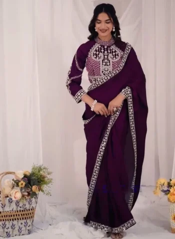 RICH LOOK RANGOLI SILK EMBROIDERY SEQUENCE WORK READY TO WEAR SAREE WITH STITCHED BLOUSE PURPLE