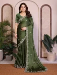 RICH LOOK SATIN CHIFFON EMBROIDERY WORK LACE BORDER SAREE WITH UNSTITCHED BLOUSE MEHNDI