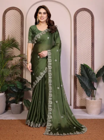 RICH LOOK SATIN CHIFFON EMBROIDERY WORK LACE BORDER SAREE WITH UNSTITCHED BLOUSE MEHNDI