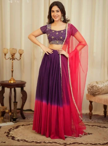 RICH LOOK SHADED GEORGETTE PLAIN LEHENGA WITH SEQUENCE & ZARI WORK UNSTITCHED CHOLI AND DUPATTA PURPLE