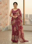 RICH LOOK TABBY ORGANZA DIGITAL PRINT AND KHATLI WORK AND SEQUENCE WORK SAREE WITH UNSTITCHED BLOUSE WINE
