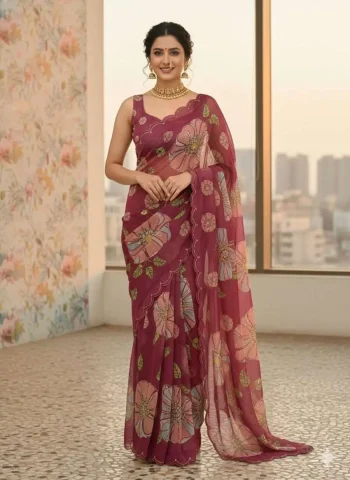 RICH LOOK TABBY ORGANZA DIGITAL PRINT AND KHATLI WORK AND SEQUENCE WORK SAREE WITH UNSTITCHED BLOUSE WINE