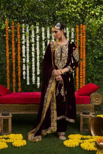 RICH LOOK VELVET JARI THREAD & DORI WITH SEQUENCE EMBROIDERY WORK TOP BOTTOM WITH DUPATTA MAROON