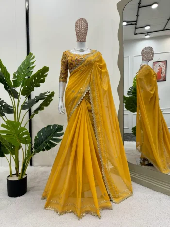 RIOCH LOOK TABBY SILK THREAD & SEQUENCE WITH FANCY LACE WORK SAREE WITH UNSTITCHED BLOUSE YELLOW