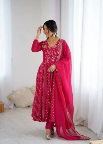 TRENDING CRUNCHY SILK EMBROIDERY SEQUENCE WORK GOWN BOTTOM WITH DUPATTA PINK