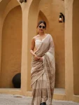 TRENDING LINEN COTTON DIGITAL PRINTED WORK SAREE WITH UNSTITCHED BLOUSE CHIKU