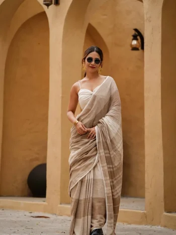 TRENDING LINEN COTTON DIGITAL PRINTED WORK SAREE WITH UNSTITCHED BLOUSE CHIKU