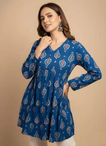 TRENDING RAYON PRINT WORK ONLY TOP BLUE
