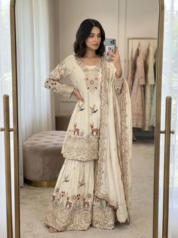 DESIGNER CHINON SILK EMBROIDERY MULTI NEEDLE 5 MM SEQUENCE WORK TOP PALAZZO WITH DUPATTA OFF WHITE