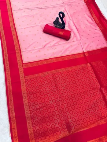 NEW ARRIVAL TWO TONE SILK ZARI MOTIFS WITH WOVEN CONTRAST ZARI PALLU AND  BORDER WORK SAREE WITH UNSTITCHED BLOUSE BABY PINK