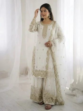 DESIGNER FENDY SILK EMBROIDERY CODING AND SEQUENCE WORK TOP PALAZZO WITH DUPATTA WHITE