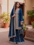 DESIGNER GEORGETTE CHAIN SEQUENCE WORK WITH LATKAN AND LACE BORDER WORK TOP PALAZZO WITH DUPATTA BLUE
