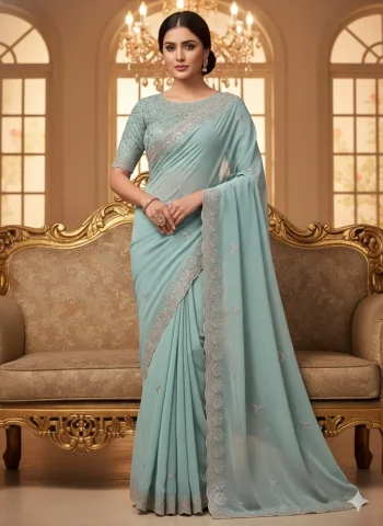 DESIGNER GEORGETTE SEQUENCE EMBROIDERY CONTRAST PALLU WORK SAREE WITH UNSTITCHED BLOUSE SKY