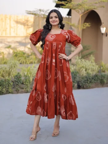 FANCY COTTON PRINTED WORK ONE PIECE DRESS ORANGE