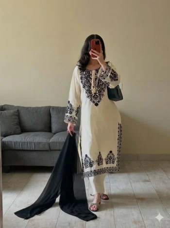 RICH LOOK ROMAN SILK EMBROIDERY WORK TOP BOTTOM WITH DUPATTA OFF WHITE AND BLACK