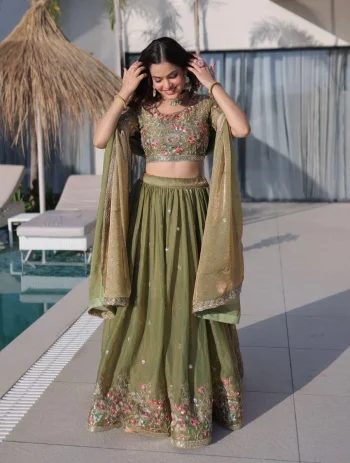 DESIGNER FENDY SILK MULTI THREAD EMBROIDERY WORK LEHENGA CHOLI WITH DUPATTA PISTA