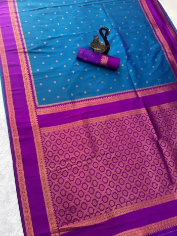 NEW ARRIVAL TWO TONE SILK ZARI MOTIFS WITH WOVEN CONTRAST ZARI PALLU AND BORDER WORK SAREE WITH UNSTITCHED BLOUSE BLUE