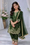 DESIGNER GMY SILK EMBROIDERY SEQUENCE WORK KID'S TOP BOTTOM WITH DUPATTA GREEN