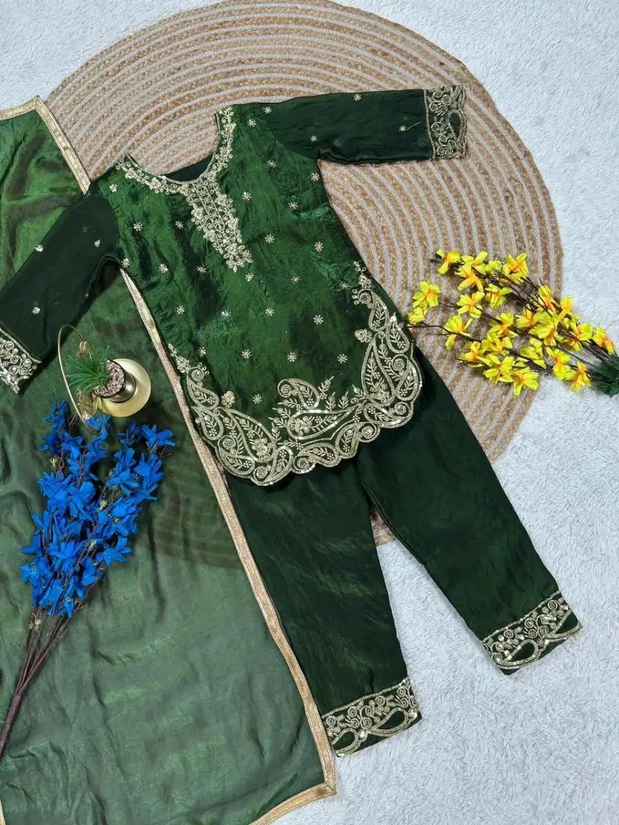 13DESIGNER GMY SILK EMBROIDERY SEQUENCE WORK KID'S TOP BOTTOM WITH DUPATTA FESTIVE WEAR WHOLESALE PRICE ETHNIC GARMENT (25)